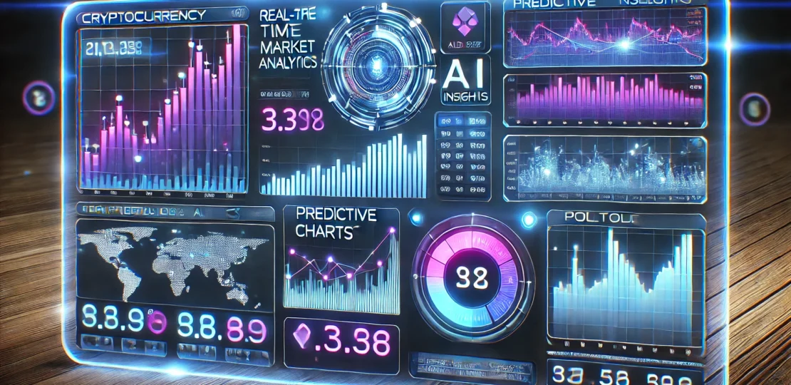A futuristic cryptocurrency trading platform interface, featuring real-time market analytics, predictive charts, AI-generated insights, and a visually