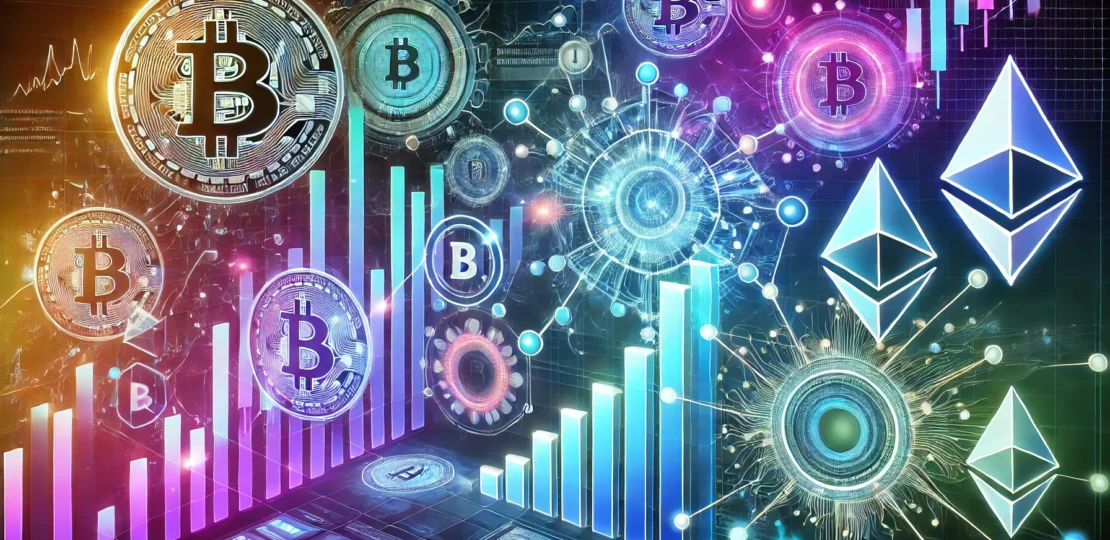 A futuristic illustration representing cryptocurrency trading, blockchain technology, and digital finance. The artwork should include vibrant graphs,